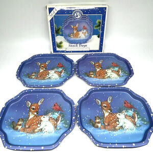 Christmas‎ Animals Tin Snack Trays 4 Piece Set NEW in Box Giftco Vintage